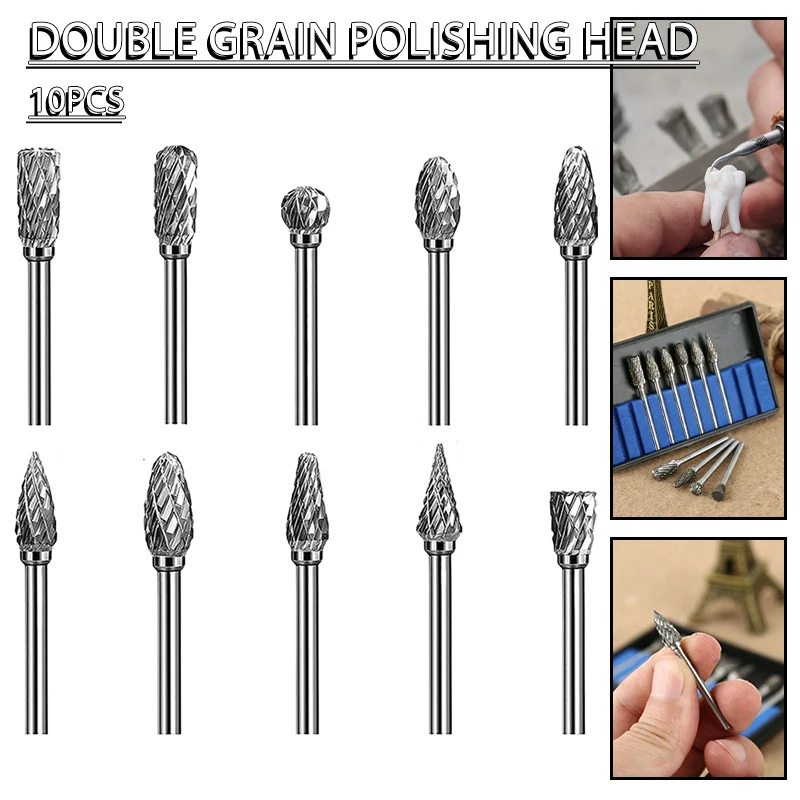 10 Pcs Tungsten Carbide Steel  Bits Cut Rotary Burrs Set Rotary Tool Grinder Shank Carving Fits Rotary Tool For Grinder Drill