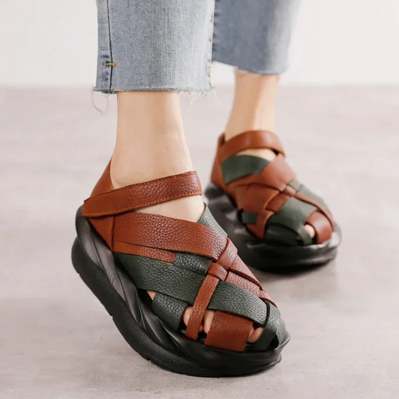 

Birkuir Mixed Colors Platform Sandals For Women Genuine Leather Weave Hollow Out Woman Sandals Luxury Spring Summer Ladies Shoes