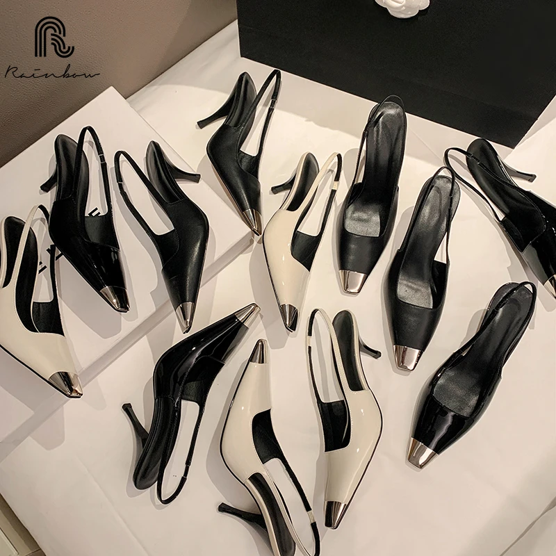 RAINBOW Size 34-39 Genuine Leather Women Sandals High Heels Shoes Summer 2025 Backless Metal Square Toe Sexy Party Office Lady 6
