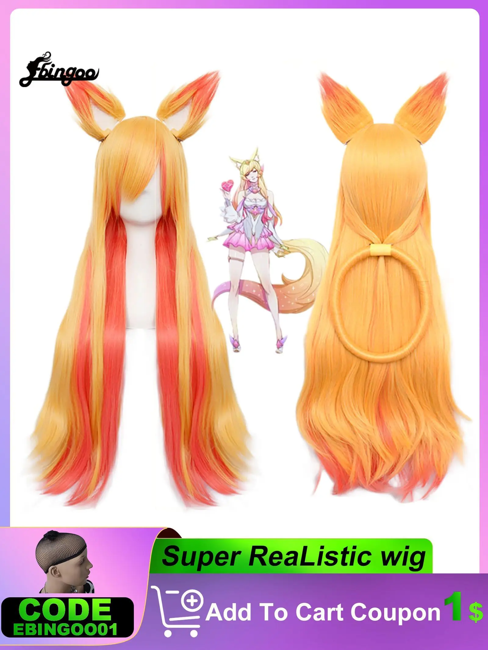 Ebingoo синтетический парик LOL KDA Ahri Gumiho косплей + уши шапка звезда Хранитель девять