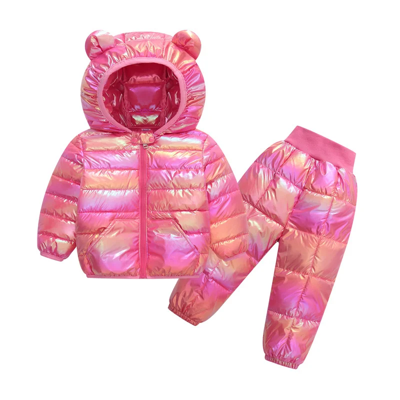 Kids Shiny Bear Ear Hooded Puffer Set Toddler 2 - Piece Metallic Coat & Pants Outfit 1-5Y