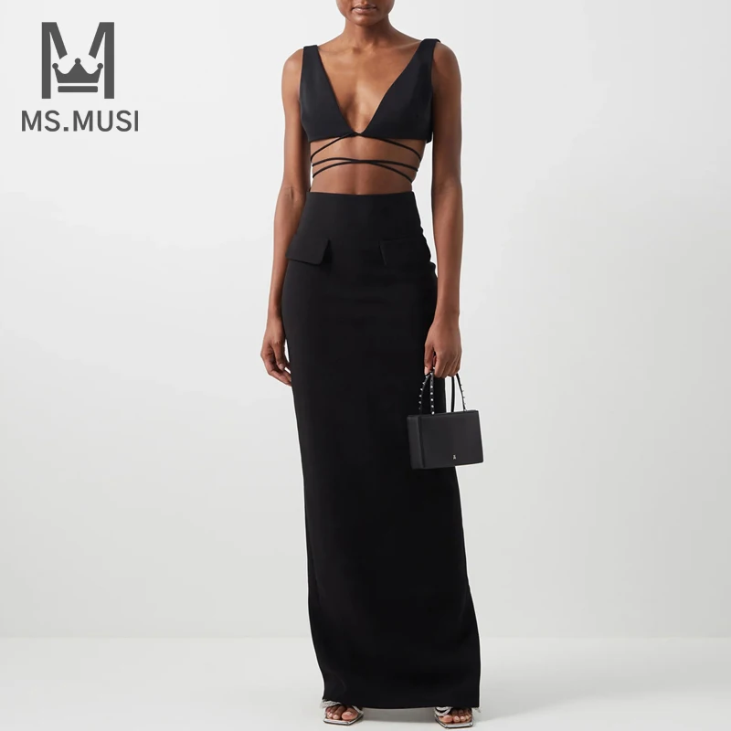 

MSMUSI 2022 New Fashion Women Sexy V Neck Lace Up Sleeveless Backless Bandage Two Piece Set Bodycon Party Short Top Skirt Set