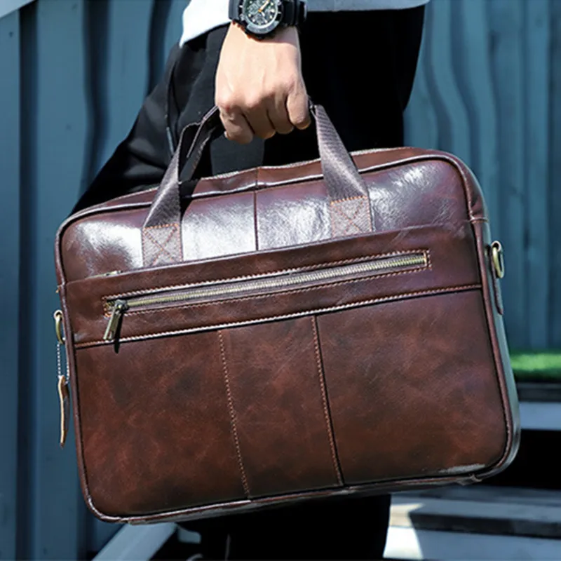 Vintage Genuine Leather Men's Briefcase Business Handbag Office Male Shoulder Messenger Bag Cowhide 15.6