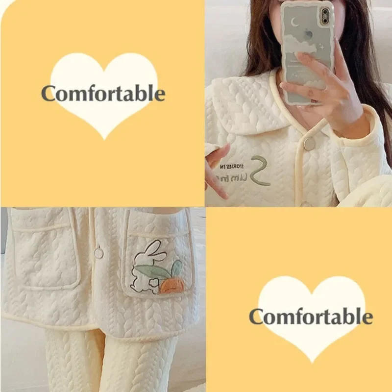 2023 New Autumn Winter Air Cotton Pajamas Women's Thick Cotton Sleepwear Long Sleeves Sweet Cardigan Set Autumn Warm Loungewear