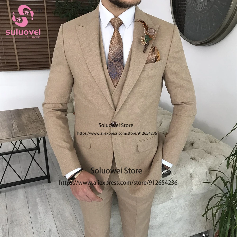 Fashion Business Suits For Men Slim Fit 3 Piece Jacket Vest Pants Set Male Prom Blazer Formal Groom Wedding Peaked Lapel Tuxedo