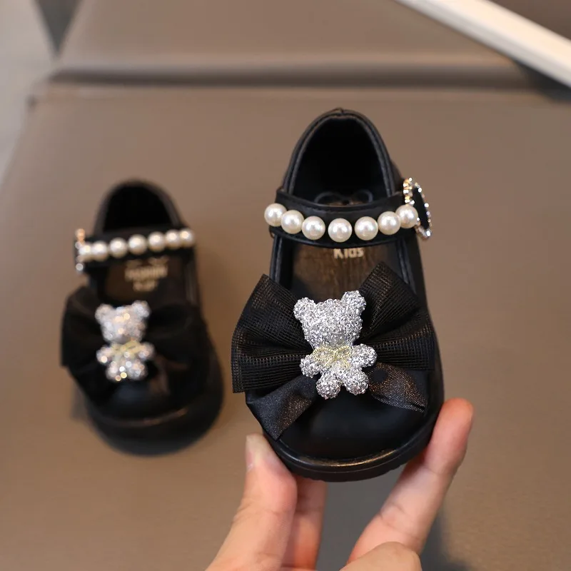 Baby Girl Leather Shoes Kids Bow Pearl Princess Shoes Shallow Soft Sole Cute First Walkers Infant Toddler Cartoon Single baby shoes,soft sole shoes