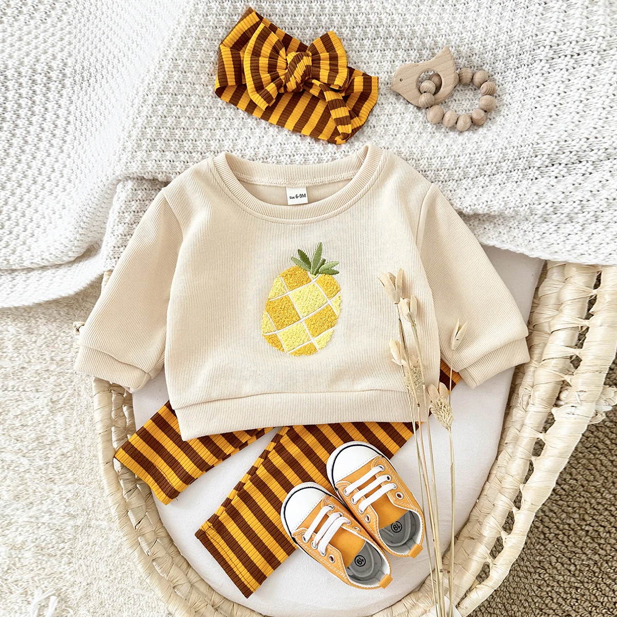 3PCS Newborn Baby Boys Clothes Long Sleeved Pineapple Pullover Shirt+Knit Pants+Hair Band Spring Autumn Soft  Children Clothing 4