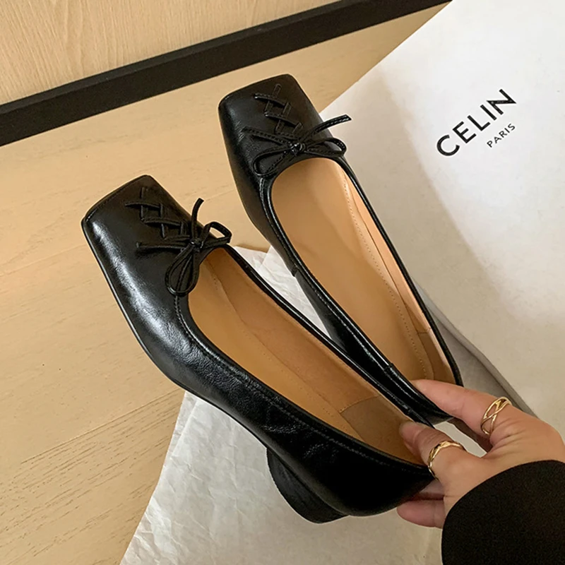 Fashion Genuine Leather Women Pumps Square Toe Shoes Spring New Party Shoes Slip On Mule Outwear Sexy Pointy Toe Textured Shoes