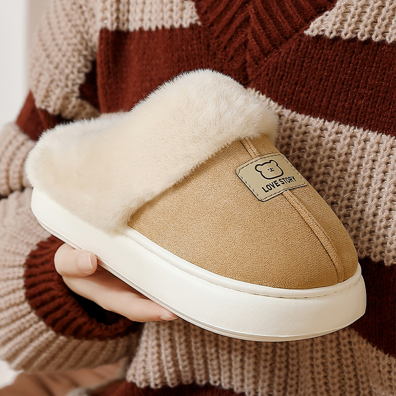 QYCKABY  Winter Warm Plush Slippers For Women Closed Toe Faux Fur Couple Cotton Shoe Woman Men 2024 Flat Premium Mules Snow Boot