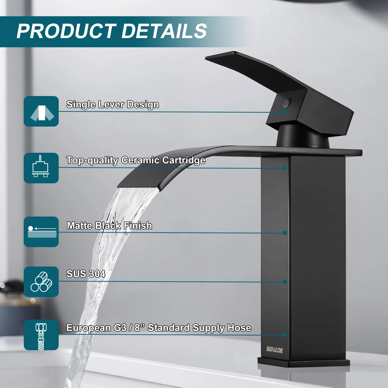 Schwarzer Wasserfall-Badezimmer-Mischhahn, Edelstahl-Waschtischarmatur mit Warm- und Kaltwasser, 123 MM Auslaufhöhe für Waschbecken – Detail 2