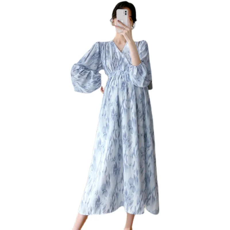 Spring Maternity V-neck Shirts High Waist Pregnant Woman Beach Dresses Fashion Print Loose Pregnancy Chiffon Holiday Dress maternity tops