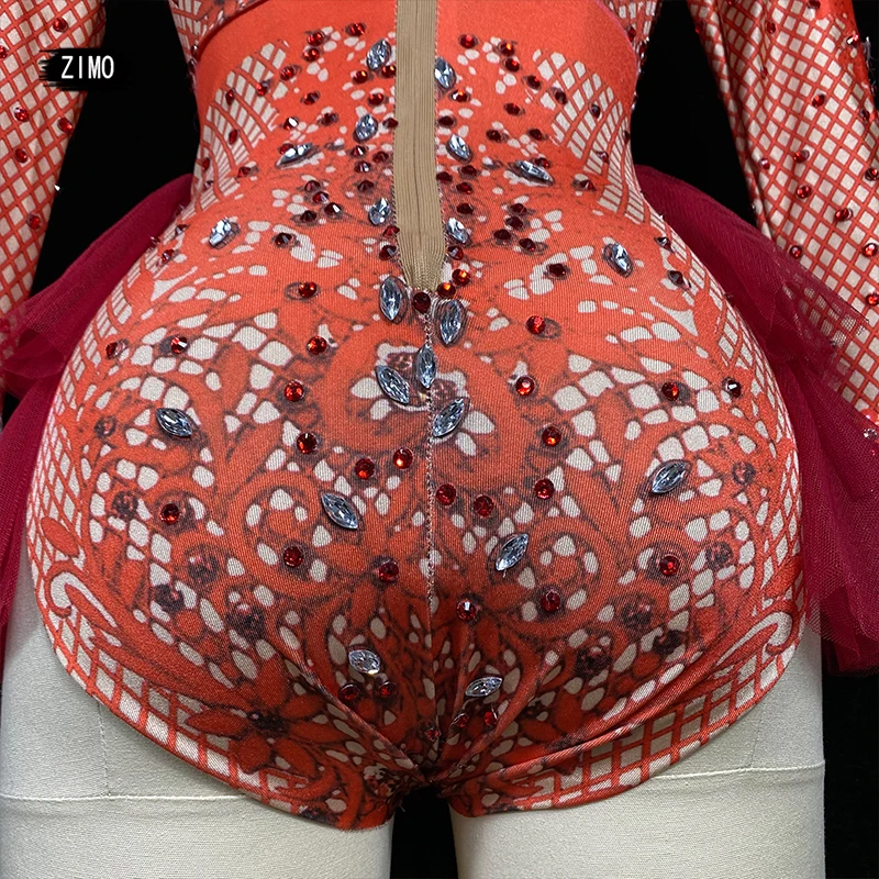 Dance Dress Women Dance Costume fashion Rhinestone pink red Ruffle Bodysuit Women Big Stretch club Prom concert costume Stage Singer Show dance Leotard