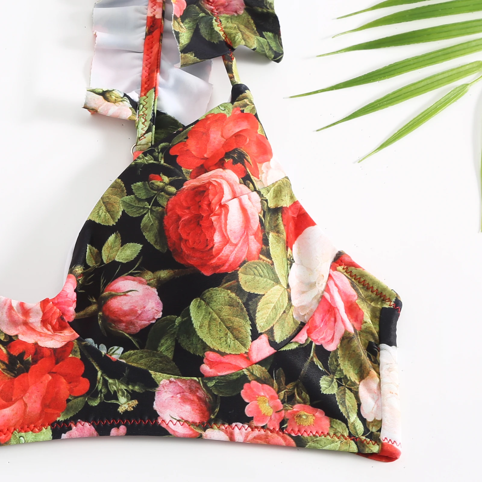 SUNSIREN Floral Print Separate Swimsuit Women Ruffle Shoulder Strap Three Pieces Swimwear Sexy Low Waist Push Up Beach Wear