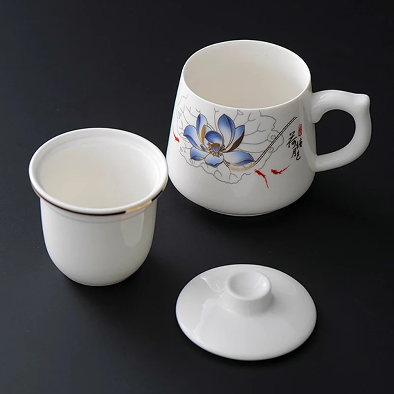 Chinese Style Lotus Pattern Tea Filtering Separation Cups With Cover White Porcelain Mug, Home Drinkware Ceramic Office Cup, 1Pc