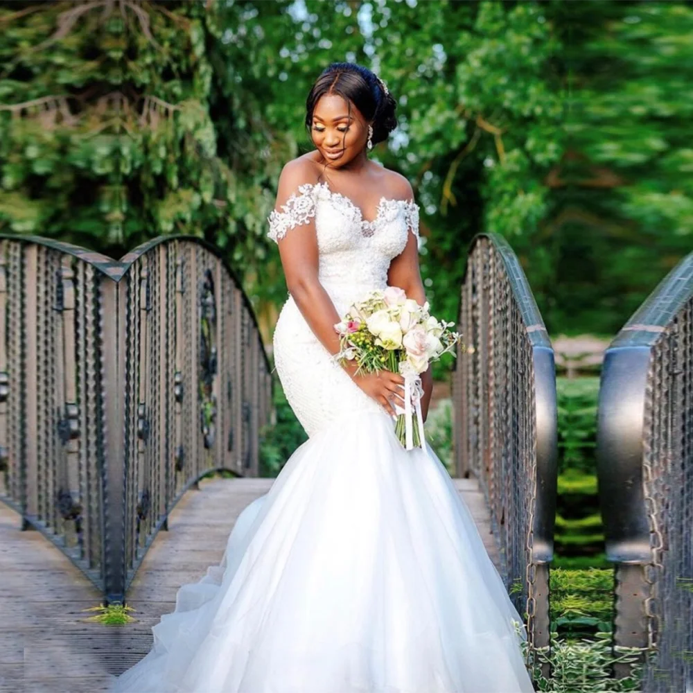 KapokDressy 2022 African Mermaid Wedding Dresses Off The Shoulder Sweetheart Bridal Dress Lace Appliques Pearls Vestido De Noiva