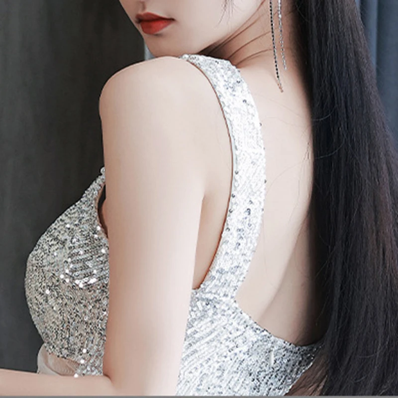 2024 New Birthday Ball Party Evening Dress Silver Strap Evening Dress Bridesmaid Dresses Toast Dresses V-Neck Slim Dress