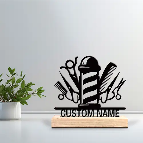 1pc Cartoon Personalized Custom Barber Metal Statues Symbolic Desktop Decoration With Wooden Base Suitable For Hairdressers - Image 2