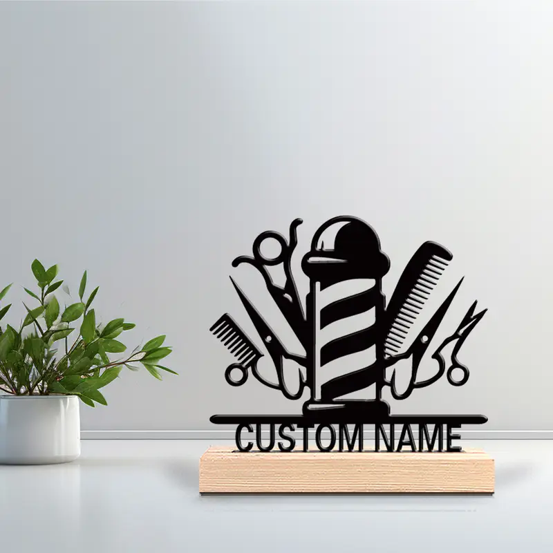 1pc Cartoon Personalized Custom Barber Metal Statues Symbolic Desktop Decoration With Wooden Base Suitable For Hairdressers - Image 2