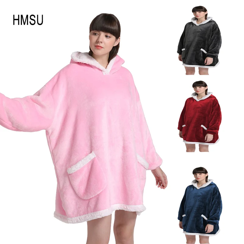 

HMSU Winter Outdoor Hooded Pocket Blankets Warm Soft Hoodie Slant Robe Bathrobe Sweatshirt Pullover Fleece Blanket With Sleeves