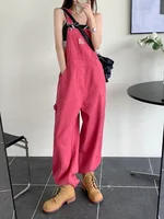 Pink Denim Overalls For Women Loose Slimming High Waist Straight Wide Leg Pants Student Style Jumpsuits