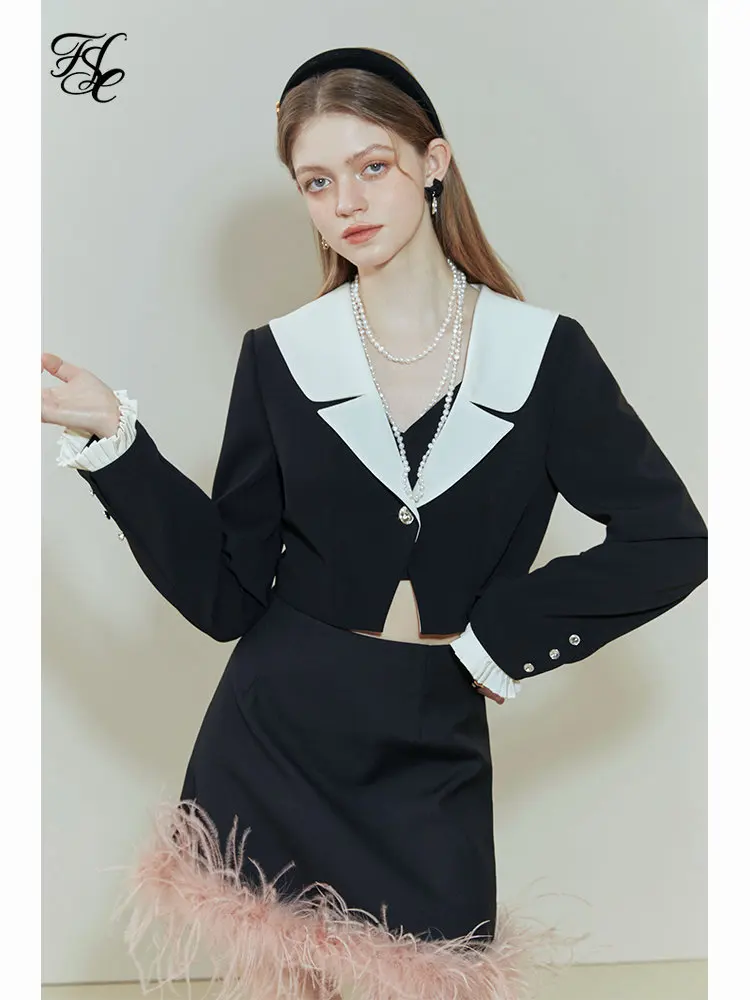 

FSLE Lapel Collar Women Short Blazer Jackets Strappy Short Black Dress Cuff Patchwork Design Twill Solid Suit Spring New Sets