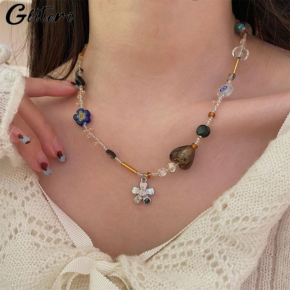 GEITERI INS Style Multi Element Crystal Heart Necklaces For Women Girls Geometric Cute Beads Clavicle Chain Choker Jewelry Party