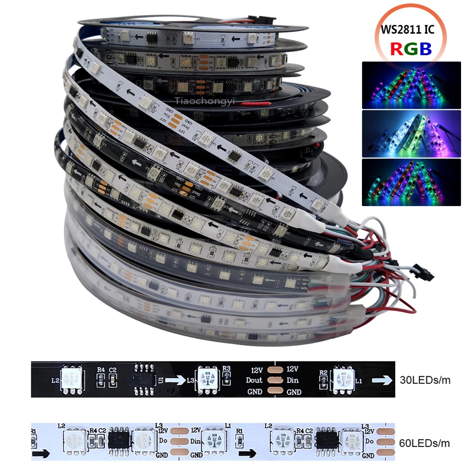 

DC12V WS2811 IC RGB LED light strip 30LEDs/m Addressable Dream Full color 60LEDs/m External 1 IC Control 3Leds Led Lights Tape