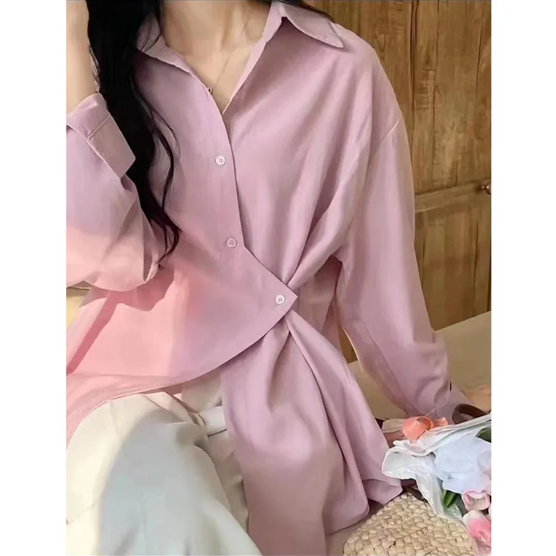 2023 Spring Autumn New Style Diagonal Button Long Sleeve Chiffon Solid Shirt Women's Loose Fitting and Versatile Fashion Blouses