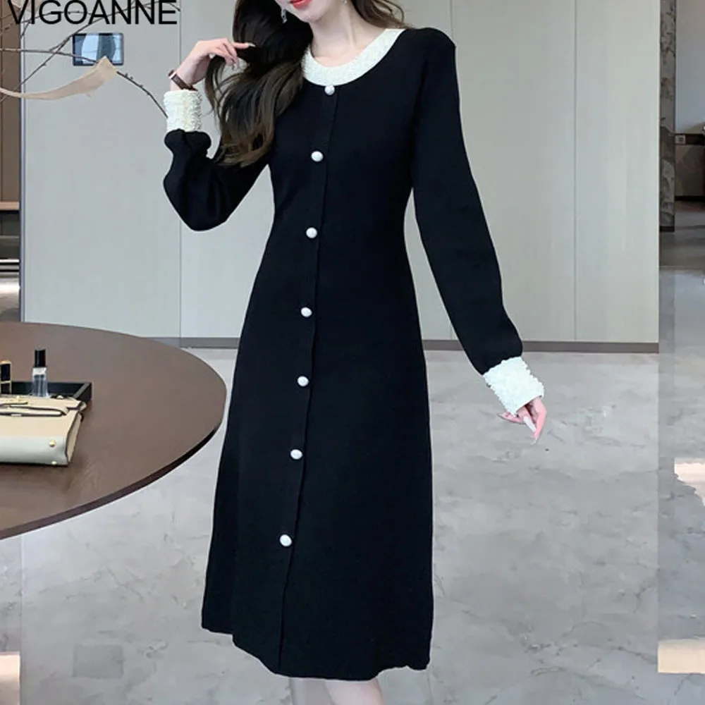 VigoAnne 2025 Female Spring Autumn Solid Knit Dress Woman Long Sleeve O Neck Knitted Dresses Lady Party Tight Long Sweater Dress 3