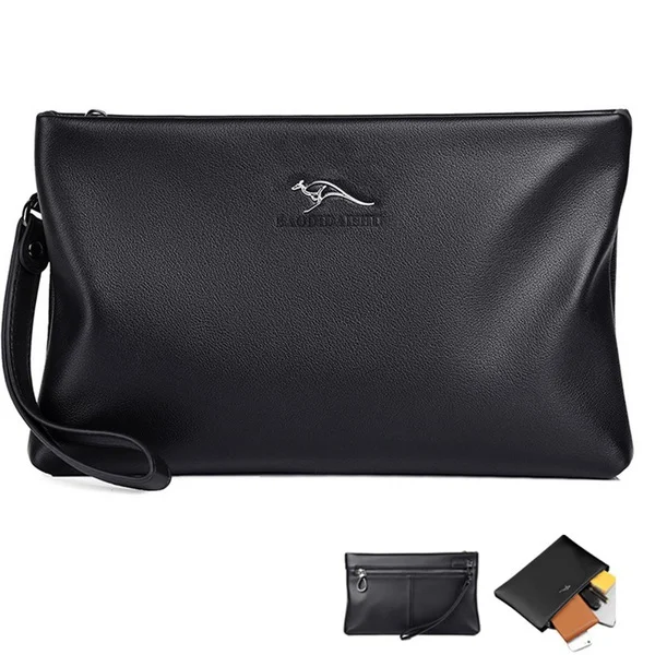 Fashion Men's Cowhide Clutch Handbag Business Bag Zipper Long Wallet Large Capacity Clutch Bag Detachable Wristlet