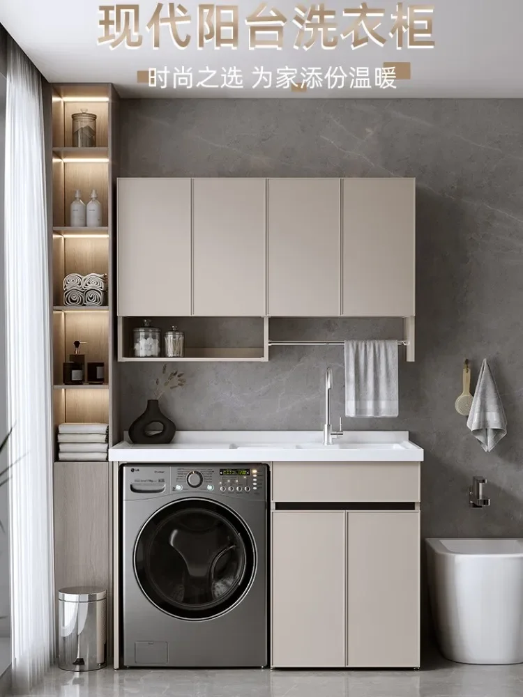 Space aluminum integrated balcony washing machine cabinet roller laundry cabinet partner with washboard pool washing table basin