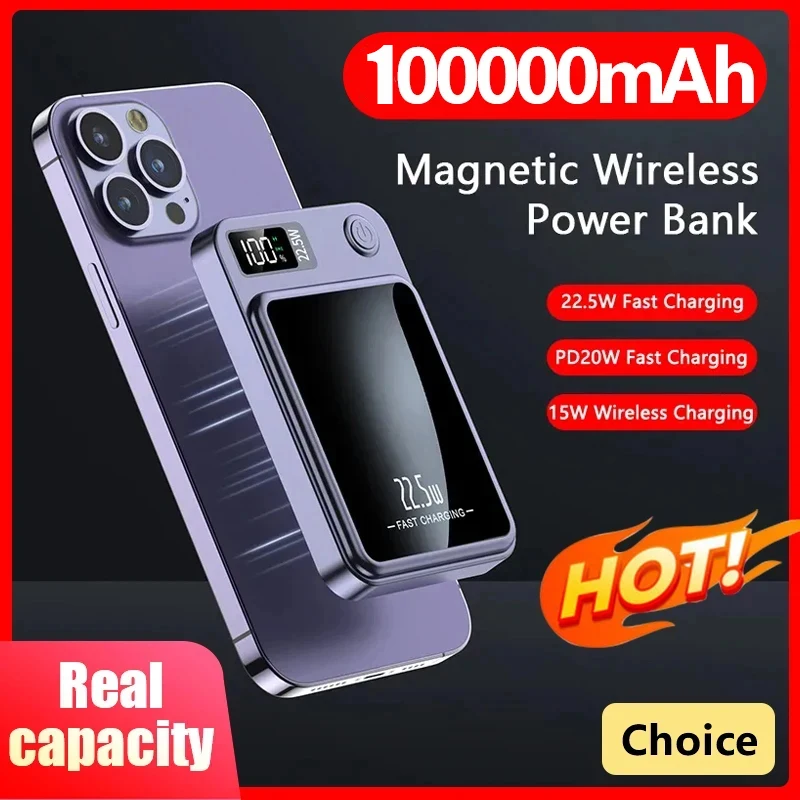 Power Bank 100000mAh Wireless Magnetic 22.5W Fast Charging Portable For iPhone Huawei Samsung