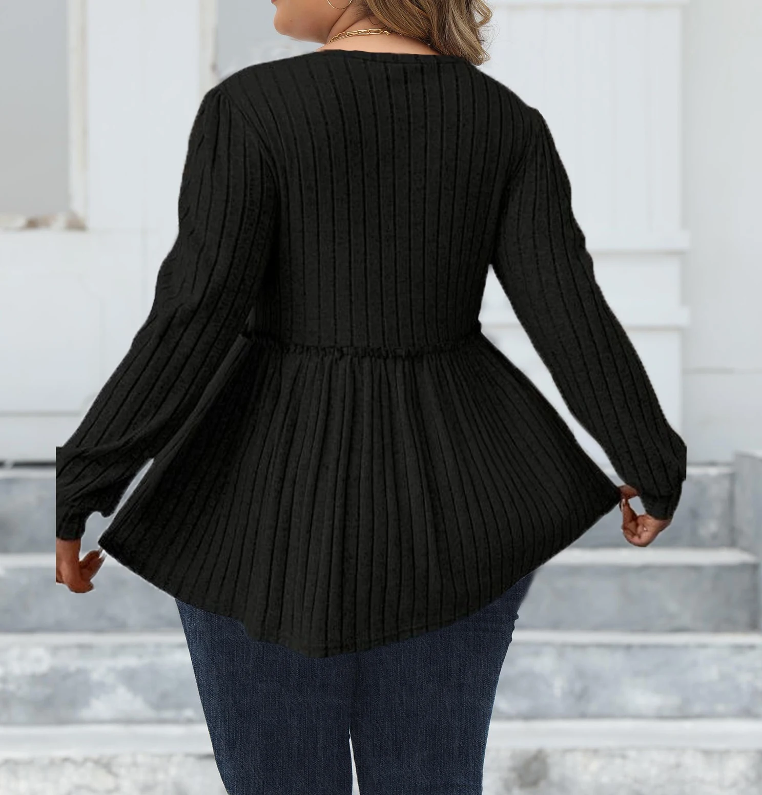 2024 Plus Size New autumn and winter pleated round neck solid color casual fashion long sleeved top 2