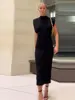 Female Black O Neck Slim Midi Dresses For Women 2023 Sexy Rear Split Sleeveless Bodycon Dress Elegant Female Streetwear Outfits 2