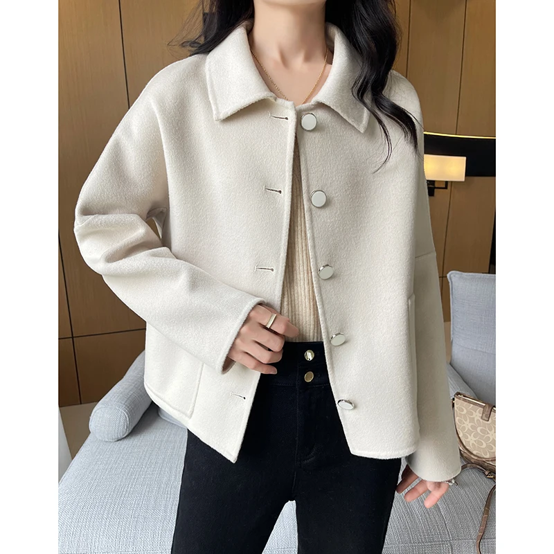 

AutumnWinter New Double Sided Woolen Coat Women's Polo Collar Long Sleeve 100% Pure Wool Short Pocket Solid Color Thickened Coat