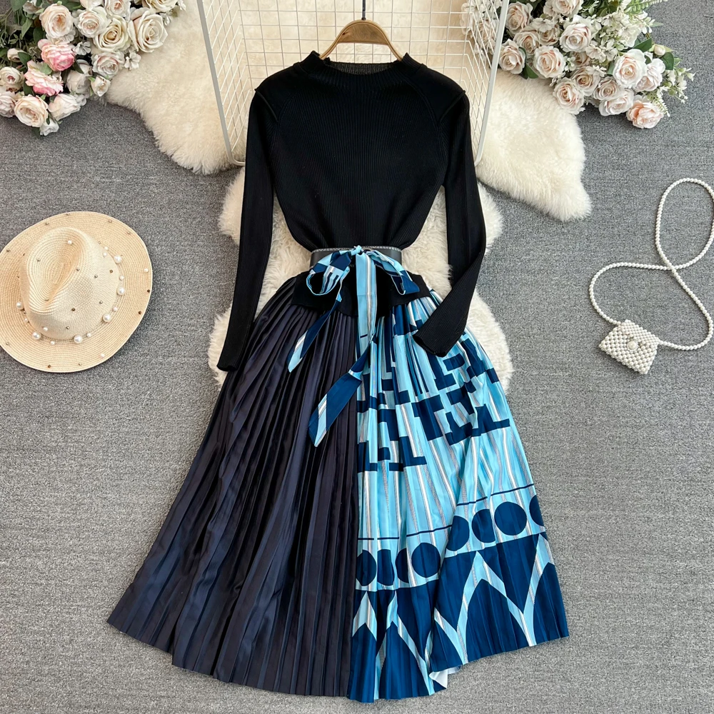 

Женское винтажное трикотажное платье-трапеция, элегантное плиссированное платье с О-образным вырезом и длинным рукавом, повседневное модное платье с высокой талией, весна-лето