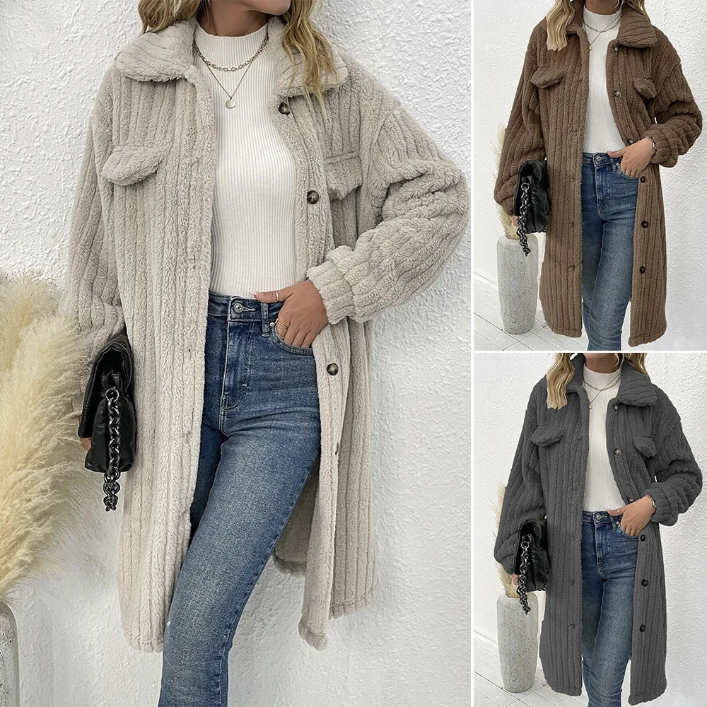 

Женское плюшевое пальто-поло, Однотонное шерстяное пальто с длинным рукавом и воротником-поло, твидовая куртка для осени и зимы