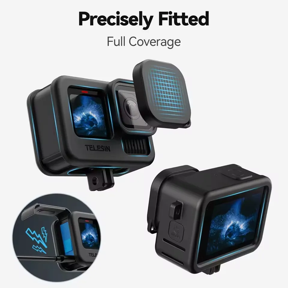Ensemble coque silicone TELESIN, capuchon d'objectif et dragonne disposés autour d'une GoPro Hero, mettant en avant la protection complète.
