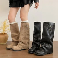 Bottes hautes pliables chic à la française pour femme, style décontracté, à talon compensé, à enfiler, noires, kaki, bout rond, avec bride à boucle, type moto 1