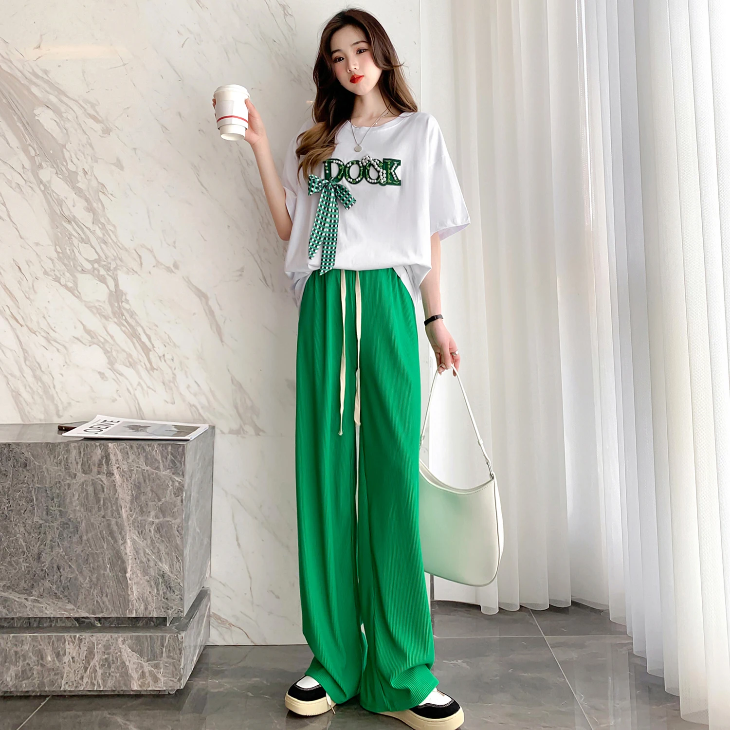 Heavy Industry Beaded Ribbon T shirt Green Mopping Pants Elastic Waist