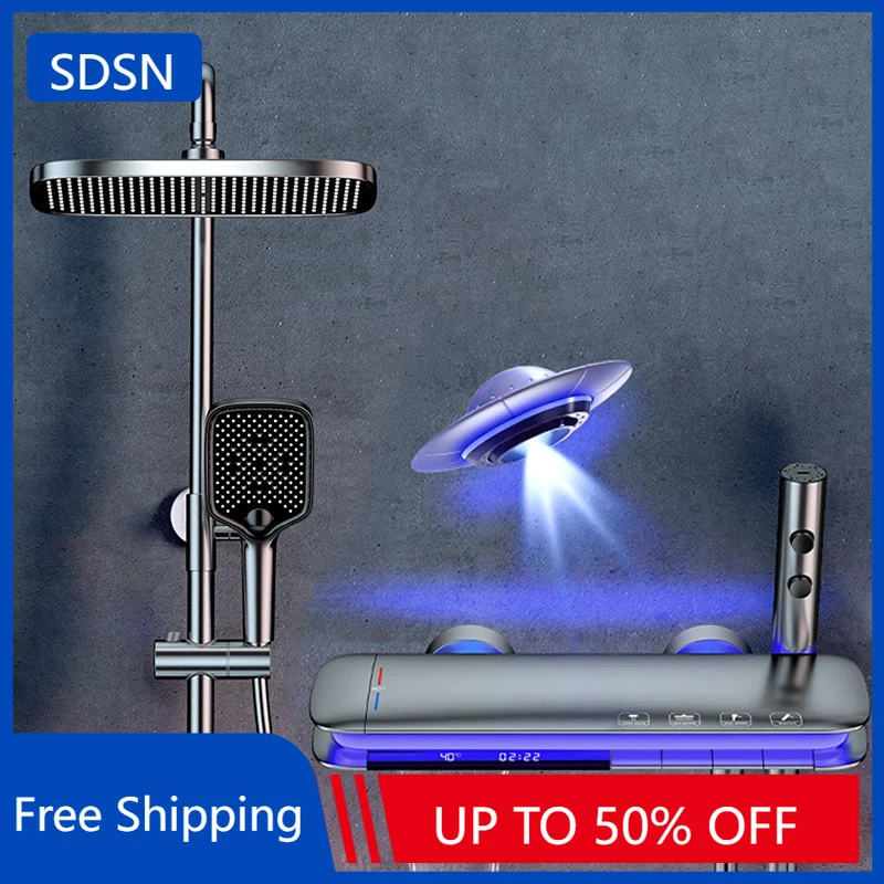 หรูหราเปียโนดิจิตอลชุดฝักบัวอาบน้ําทองเหลืองคุณภาพร้อนเย็นห้องน้ําก๊อกน้ําอุปกรณ์เสริม Thermostatic ระบบฝักบัวอาบน้ําดิจิตอล 1