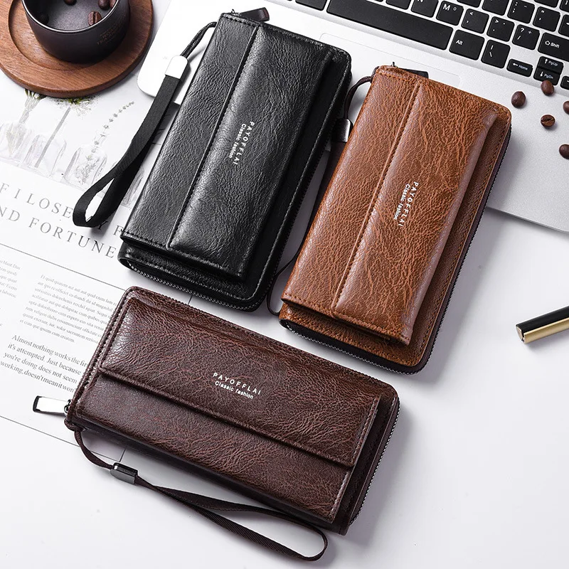 New Men's PU Wallet Multi Card Slots Casual Long Style Large Capacity Handheld Clutch with Phone Pocket