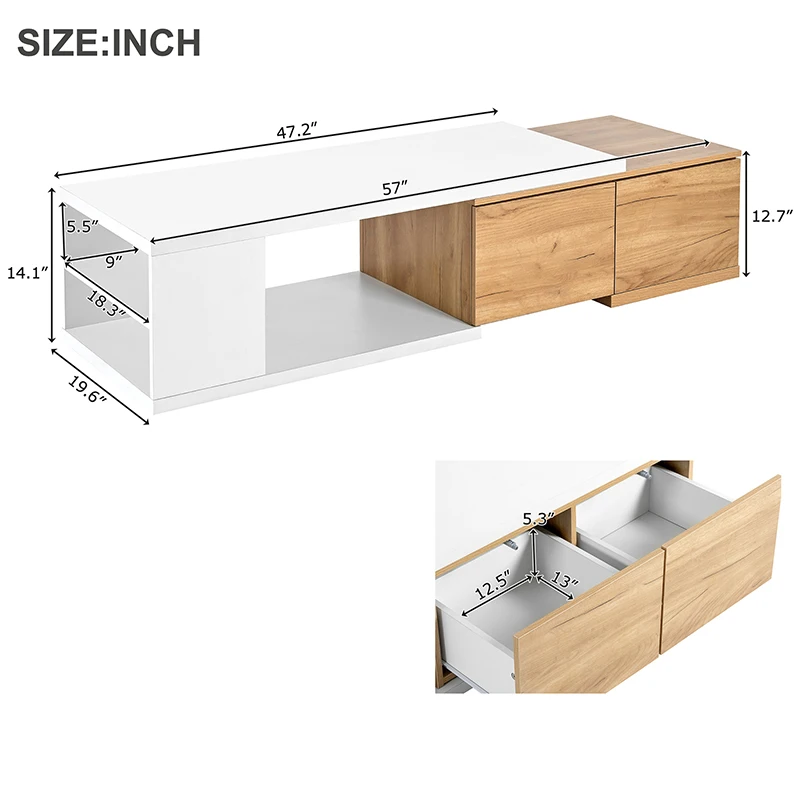 Extendable Coffee Table with 2 Storage Drawers,Center Table with Sliding Tabletop, Multi-functional Hidden Storage Sofa