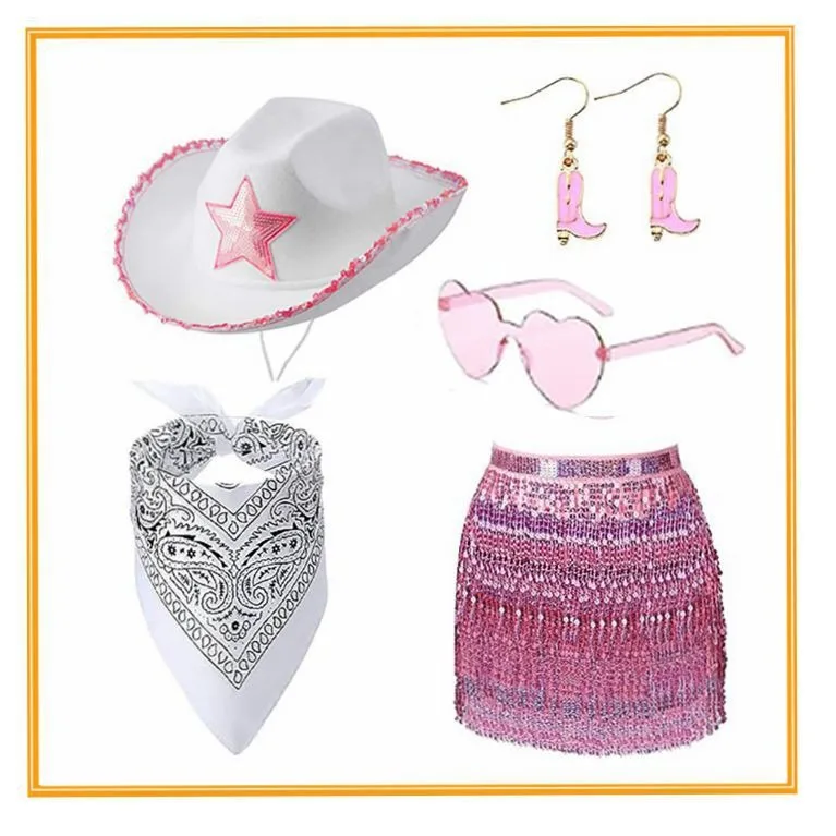 

5 Pcs Western Cowboy Hat Pink Set Disco Sequin Tassel Skirt Scarf Sunglasses Earrings Cowgirl Cosplay Bachelorette Party Costume