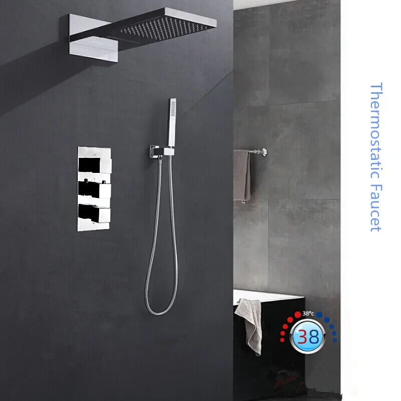 Description Picture 6 of itemBrushed Gold Thermostatic Bathroom Shower Faucet In Wall Bath and Set Mixer Bath and Rainfall Shower