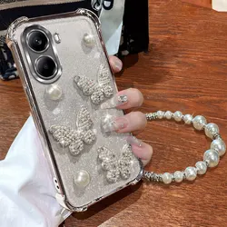 Luxury Pearl Butterfly Bracelet Shockproof Plating Glitter Case Cover - Samsung A20S (With pearl Lanyard)