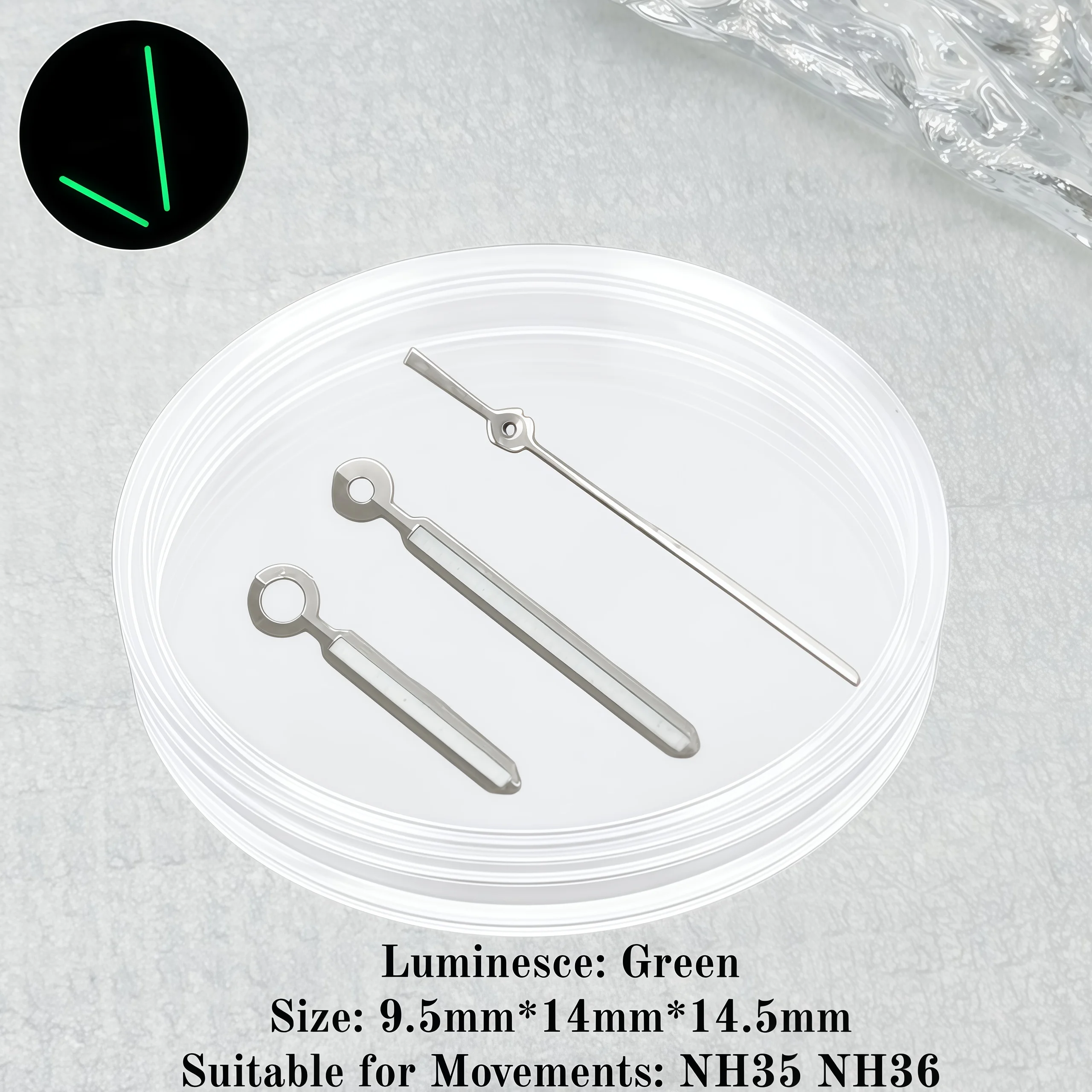 Enhanced Luminous Green Watch Hands Set with Unique Modified Design (9*14*14.5mm, 3-Pin Needles)