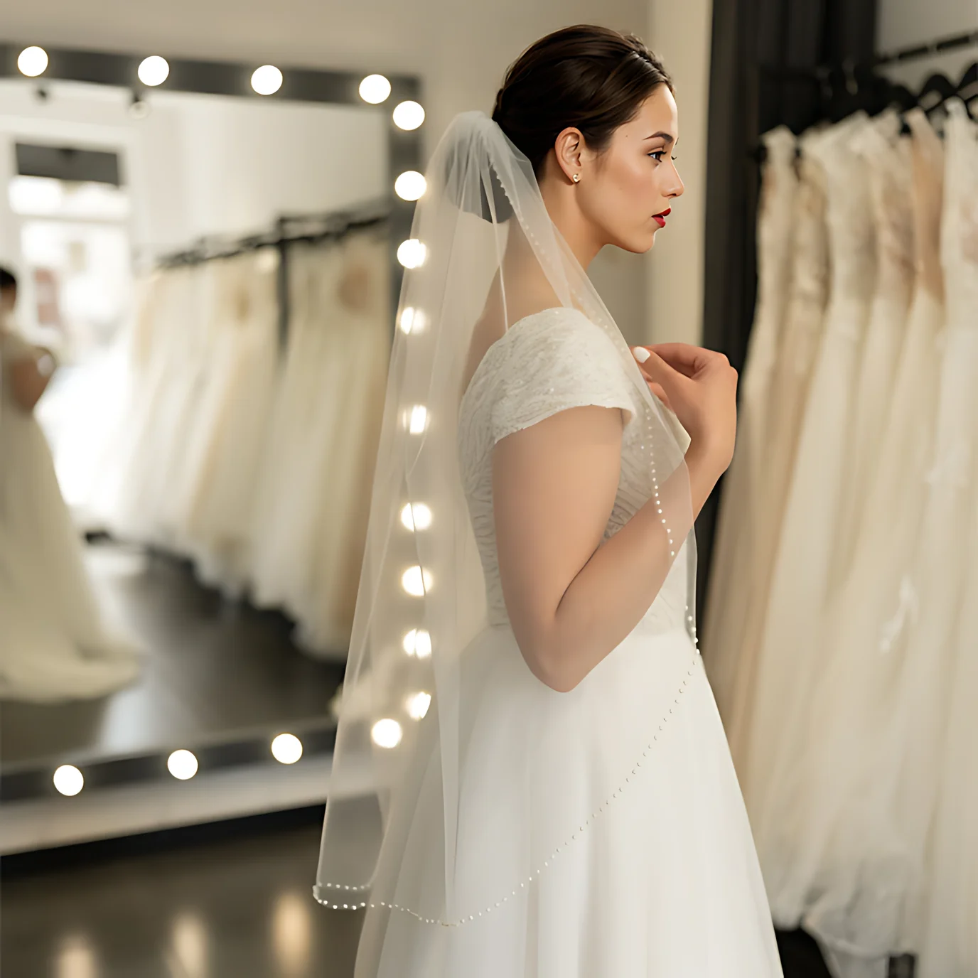 

Elegant Wedding Veil with Pearls Edge Bridal Veils 1 Tier Fingertip Length white Soft Tulle Wedding Accessories for Bride VP46