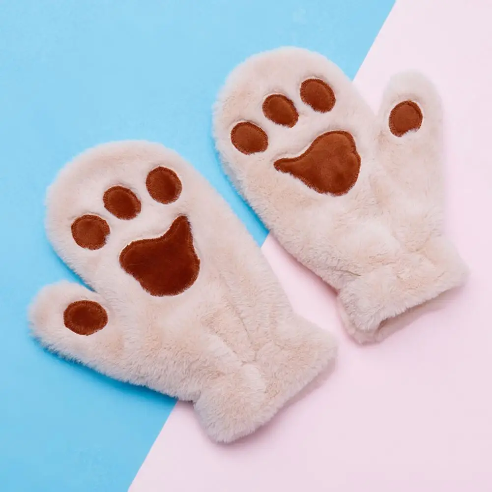 Novelty Gloves Warm Cozy Cartoon Cat Paw Mittens for Women Thick Plush Winter Gloves with Anti-slip Grip for Skiing Cycling Cozy