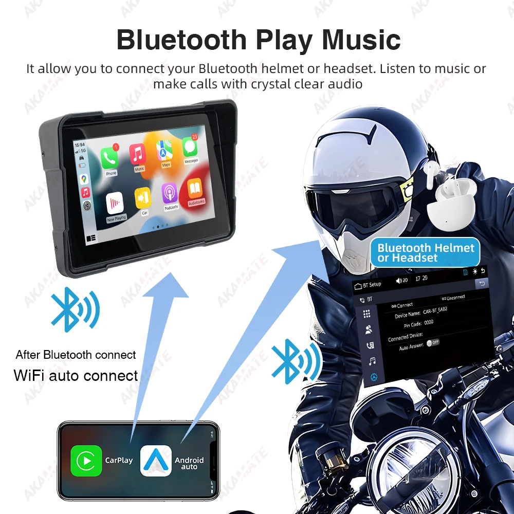 5 inch Motorcycle Monitor CarPlay Android Auto Waterproof IPS 